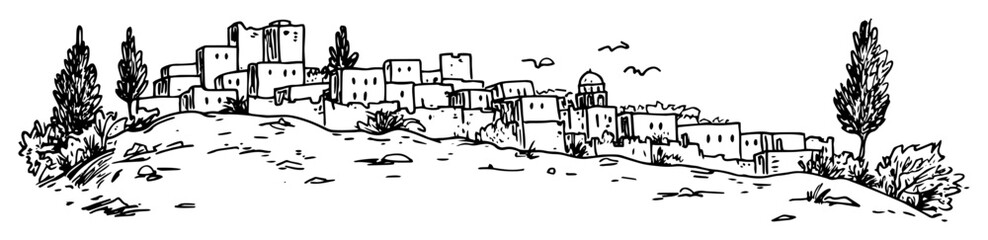 old mediterranean village on a hill sketch vector illustration © Kaz