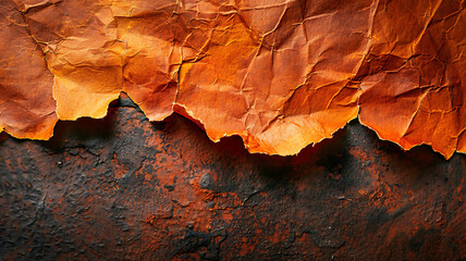 Naklejka premium Torn and Frayed Orange Paper Texture: Striking Contrast of Damaged Paper Edges on a Black and Brown Textured Surface