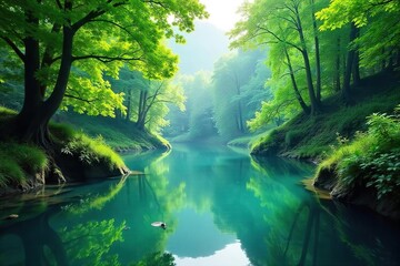 Serene Green Landscape Reflection Calm Water, Lush Foliage, Tranquil Nature Scene Perfect for Travel, Relaxation, and Website Banners