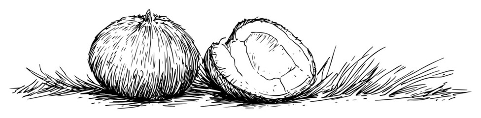 coconut whole and split in half tropical fruit sketch