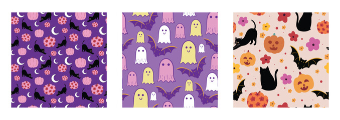 Halloween cute seamless patterns collection for wallpaper, scrapbooking, stationary, wrapping paper, textile prints, backgrounds.