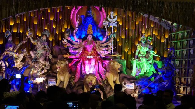 Durga Puja pandal, which is a temporary structure set up for the Hindu festival of Durga Puja.