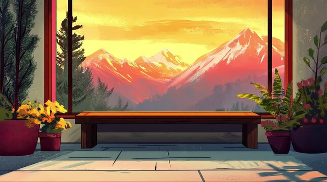 A view of a bench indoors with a mountain view. 4K animated video