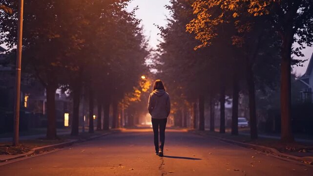 Woman walks alone on street trees lined dusk lighting