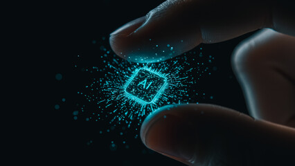 A human hand delicately holds an illuminated AI chip, symbolizing the essence of advanced technology and innovation.