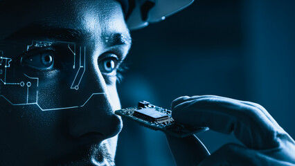 A close-up view of a technician examining a microchip with focused intensity, hinting at technological innovation and intricate work.