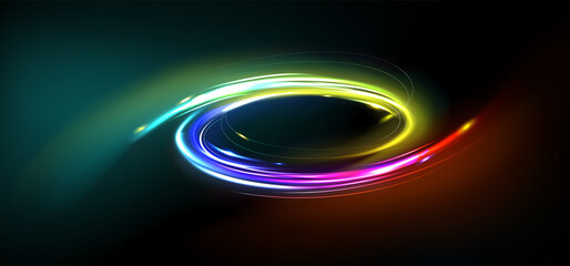 Vibrant swirling vortex of colorful light trails creates a mesmerizing abstract cosmic effect against a dark background with a sense of motion and energy