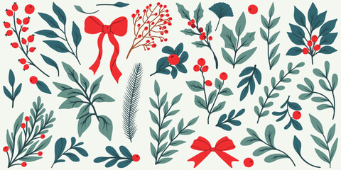 Hand-drawn winter botanical vector set with holly, pine branches, red berries, mistletoe and leaves. Flat modern Christmas clipart for holiday decoration and design.