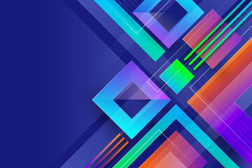 Vibrant geometric abstract background with glowing neon squares and diagonal lines in shades of blue purple green and orange creating a futuristic digital art design