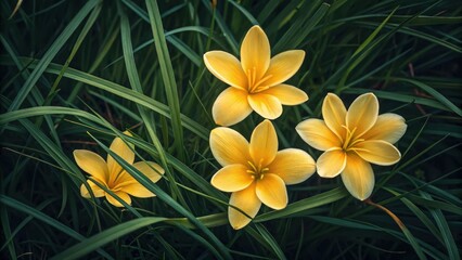 Bright yellow daylily flowers bloom amidst lush green foliage