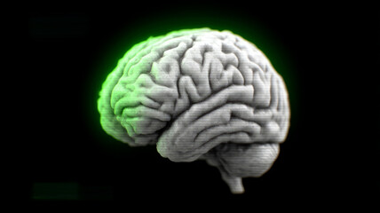 3D model of a glowing brain on a black background.