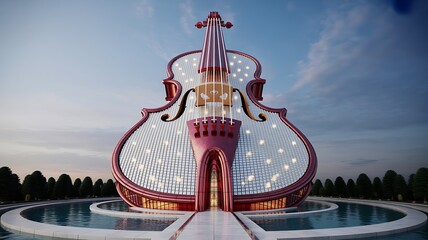A spectacular modern building designed in the shape of a giant pink and white violin, set against a clear sky over a tranquil pool.