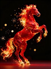 Majestic red fiery horse rearing up on dark background with sparks