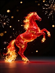 Red flaming horse standing on hind legs with glowing mane and sparks