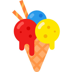 A Delicious Ice Cream Cone With Three Scoops Of Red Yellow And Blue Flavors With Orange And Yellow Sticks On A Transparent Background