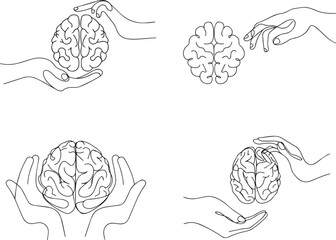 Set of Hands gently cradling and protecting a detailed line drawing of a human brain