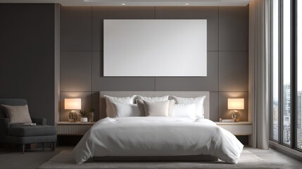 Luxurious hotel room bedroom interior with large blank canvas above king size bed and city view