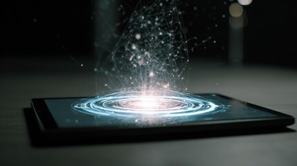 Futuristic holographic interface projecting digital light and particles from a sleek device