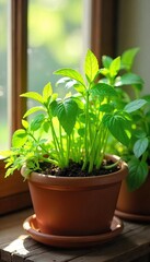 Lush Herb Garden in Terracotta Pot A Vibrant Living Gift, Basking in Sunlight