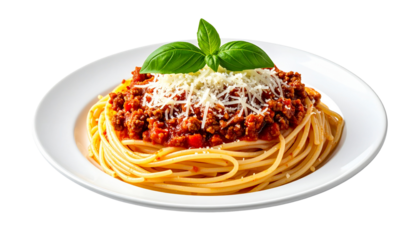 Delicious spaghetti Bolognese topped with grated cheese and a fresh basil leaf, served on a white plate isolated on solid white background Png form