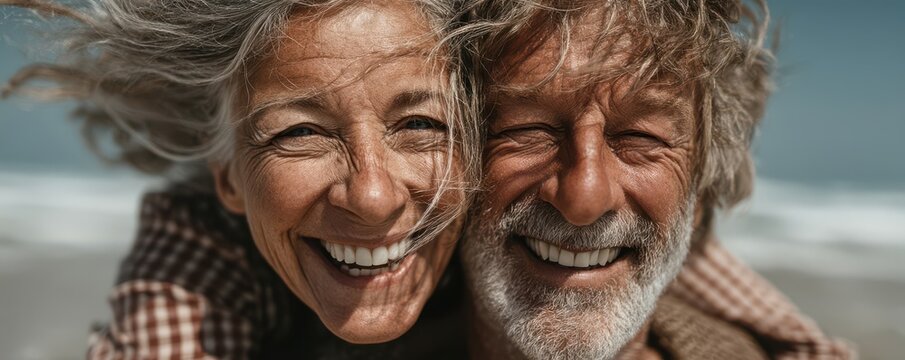 Happy elderly couple enjoying a joyful moment outdoors by the sea - Powered by Adobe