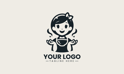 Cheerful black vector logo illustration of a happy cartoon girl holding a steaming cup of coffee creating a friendly cafe symbol