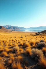 Serene Vast Plains Stretching to the Horizon Under a Clear Blue Sky Untouched Rolling Hills, Sparse Vegetation, and a Peaceful Landscape Perfect for Travel and Nature Photography