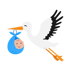 Stork carrying a newborn baby in a blue blanket vector illustration