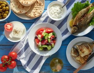 Authentic Mediterranean food with grilled sea bass, fresh vegetables, olive oil and pita bread
