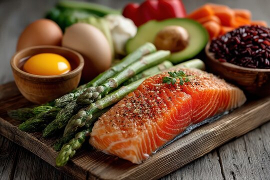 Fresh ingredients with salmon, asparagus, vegetables, eggs, ric, and avocado