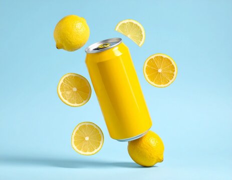 A yellow drink can mockup surrounded by fresh lemon slices on a blue background, bright, refreshing, and perfect for summer-themed ads full of energy and zest