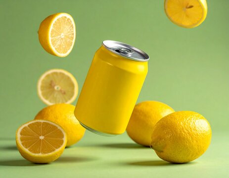A yellow drink can mockup surrounded by fresh lemon slices on a yellow-green background, bright, refreshing, and perfect for summer-themed ads full of energy and zest