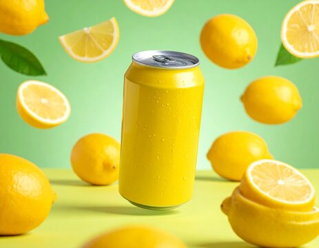 A yellow drink can mockup surrounded by fresh lemon slices on a yellow-green background, bright, refreshing, and perfect for summer-themed ads full of energy and zest