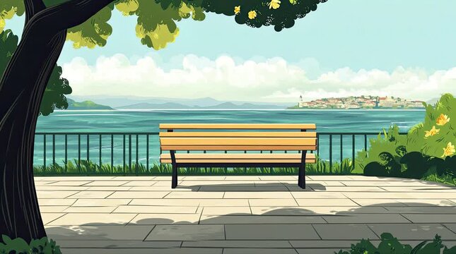 A view of a bench with coastal waters. 4K animated video
