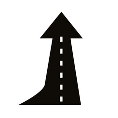 Fototapeta premium A black arrow pointing upwards with a curved base and dashed line representing a road on white background