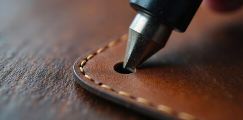 Precision Leather Punching Close-Up of Vintage Tool Creating Clean Hole in Dark Brown Leather
