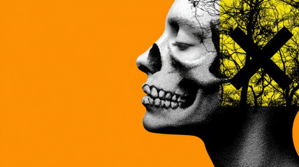 Surreal skull illustration with a tree silhouetted on orange.