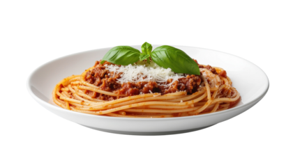 Delicious spaghetti Bolognese topped with grated cheese and a fresh basil leaf, served on a white plate isolated on solid white background