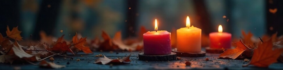 Eerie Halloween Candles Cast Shadows on Cobwebs and Autumn Leaves Spooky Ambiance for Decorations and Autumnal Themes