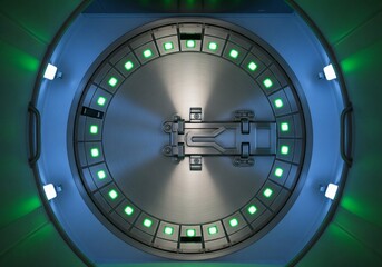 futuristic circular airlock or vault door with green indicator lights