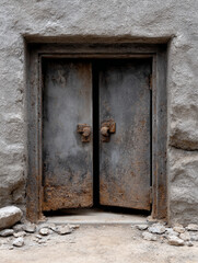 Rusty metal doors on a weathered stone building facade.