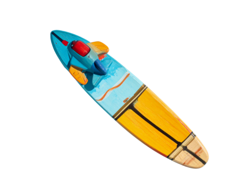 Top-Down View of Toy on Surfboard in Water, Minimalist Floating Composition, Transparent Background