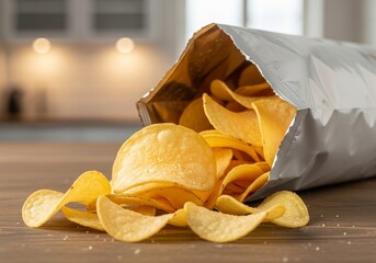 Crunchy Potato Chips Spill from an Open Bag, Creating a Tempting Snack Display, Savory Snack Concept, Blurred Kitchen Background