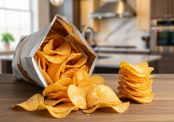 Crunchy Potato Chips Spill from an Open Bag, Creating a Tempting Snack Display, Savory Snack Concept, Blurred Kitchen Background