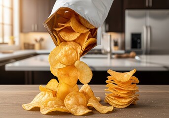 Crunchy Potato Chips Spill from an Open Bag, Creating a Tempting Snack Display, Savory Snack Concept, Blurred Kitchen Background