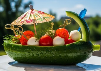 Cucumber Boat with Paper Parasol under Sunlight, Fresh Summer Snack Concept, Refreshing Healthy Food, Blurred Outdoor Background