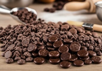 Dark Chocolate Couverture Chips and Pistols Buttons, Confection and Pastry Concept, Gourmet Baking Ingredients, Blurred Culinary Background
