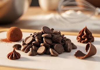 Dark Chocolate Couverture Chips and Pistols Buttons, Confection and Pastry Concept, Gourmet Baking Ingredients, Blurred Culinary Background