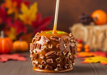 Delicious Caramel Apple with Pecans, Sweet Fall Treat for Festivals and Halloween Parties, Autumn Dessert Concept, Blurred Fall Background