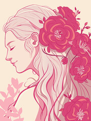 Elegant Woman Portrait with Pink Flowers, Watercolor Style